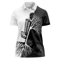 Black and White Disc Golf Tree Graphic Women Polo Shirt with Roots Silhouette and Custom Name Design - Wonder Print Shop