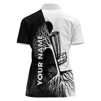Black and White Disc Golf Tree Graphic Women Polo Shirt with Roots Silhouette and Custom Name Design - Wonder Print Shop