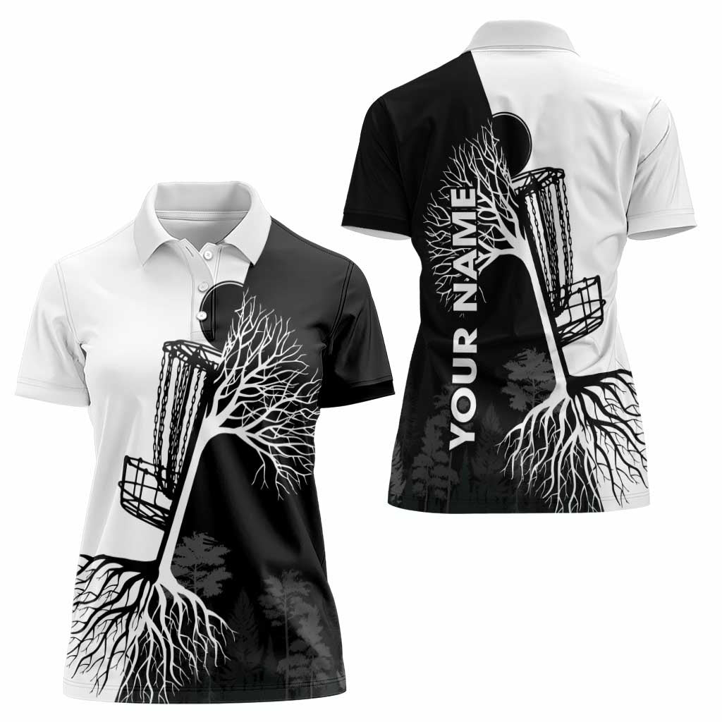 Black and White Disc Golf Tree Graphic Women Polo Shirt with Roots Silhouette and Custom Name Design - Wonder Print Shop