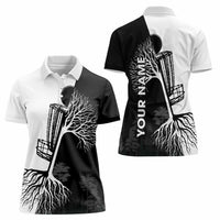 Black and White Disc Golf Tree Graphic Women Polo Shirt with Roots Silhouette and Custom Name Design - Wonder Print Shop