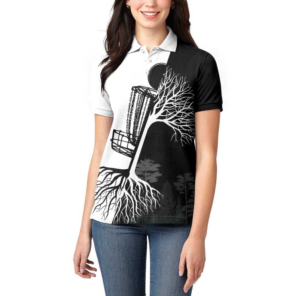 Black and White Disc Golf Tree Graphic Women Polo Shirt with Roots Silhouette and Custom Name Design - Wonder Print Shop
