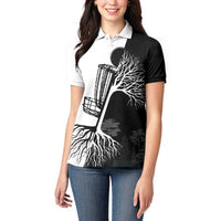 Black and White Disc Golf Tree Graphic Women Polo Shirt with Roots Silhouette and Custom Name Design - Wonder Print Shop