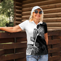 Black and White Disc Golf Tree Graphic Women Polo Shirt with Roots Silhouette and Custom Name Design - Wonder Print Shop