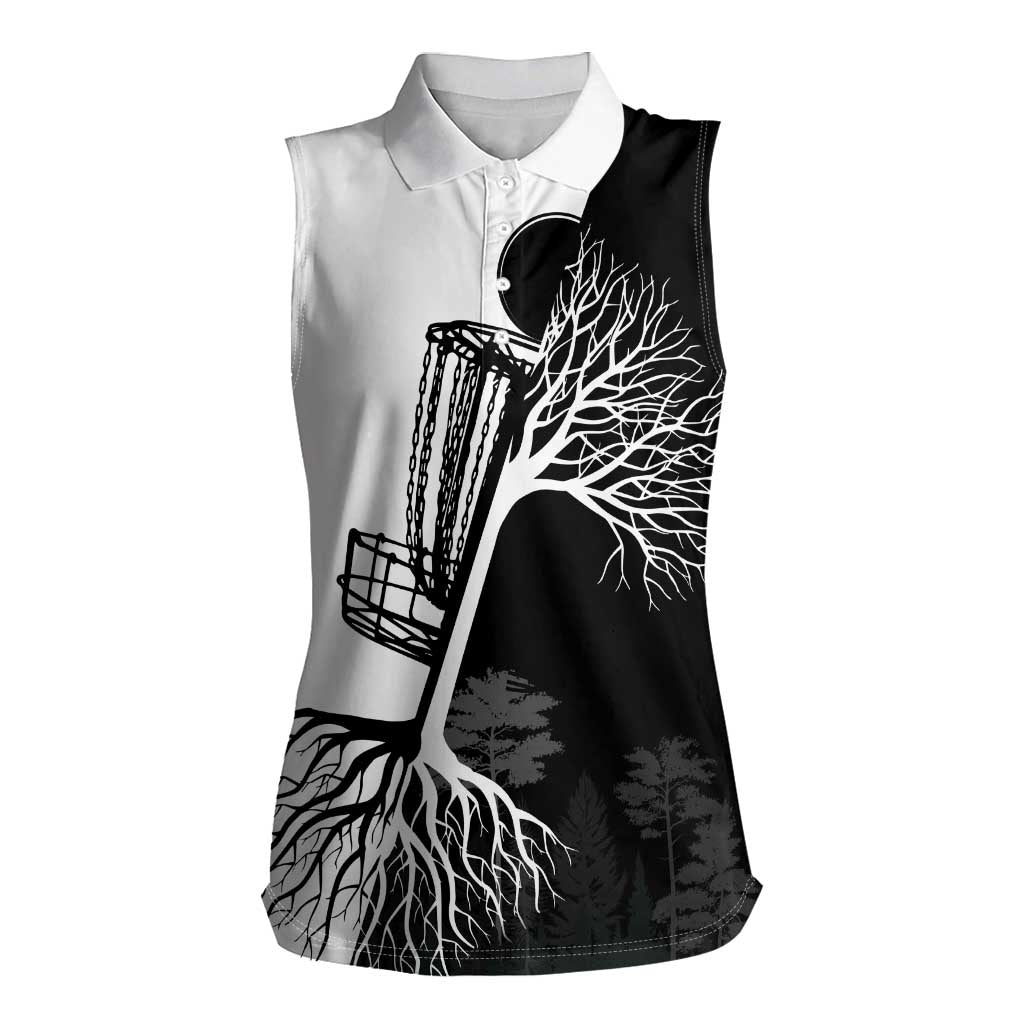 Black and White Disc Golf Tree Graphic Women Sleeveless Polo Shirt with Roots Silhouette and Custom Name Design - Wonder Print Shop