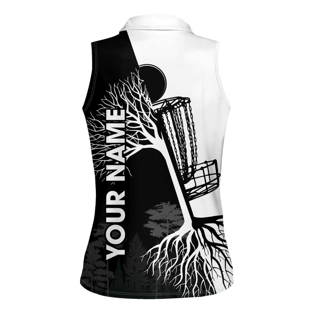 Black and White Disc Golf Tree Graphic Women Sleeveless Polo Shirt with Roots Silhouette and Custom Name Design - Wonder Print Shop