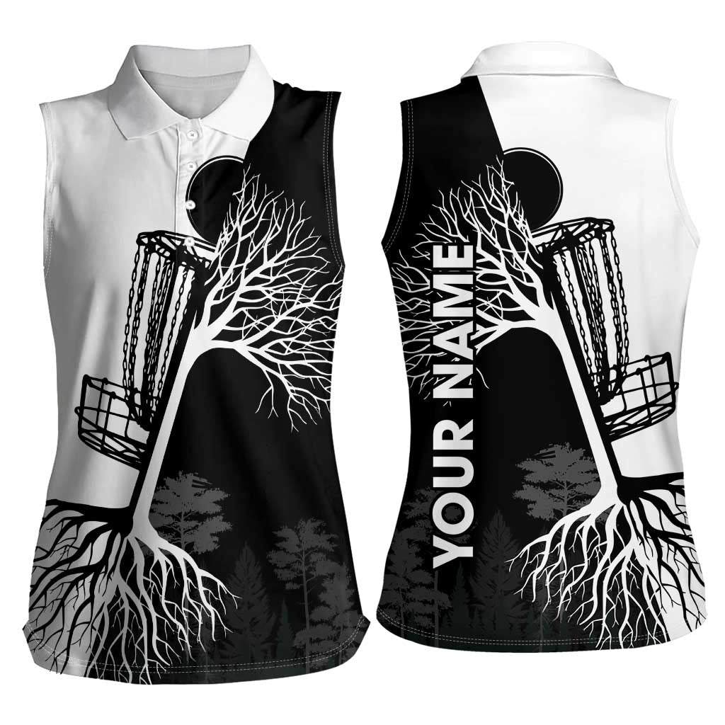 Black and White Disc Golf Tree Graphic Women Sleeveless Polo Shirt with Roots Silhouette and Custom Name Design - Wonder Print Shop