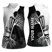 Black and White Disc Golf Tree Graphic Women Sleeveless Polo Shirt with Roots Silhouette and Custom Name Design - Wonder Print Shop