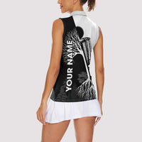 Black and White Disc Golf Tree Graphic Women Sleeveless Polo Shirt with Roots Silhouette and Custom Name Design - Wonder Print Shop