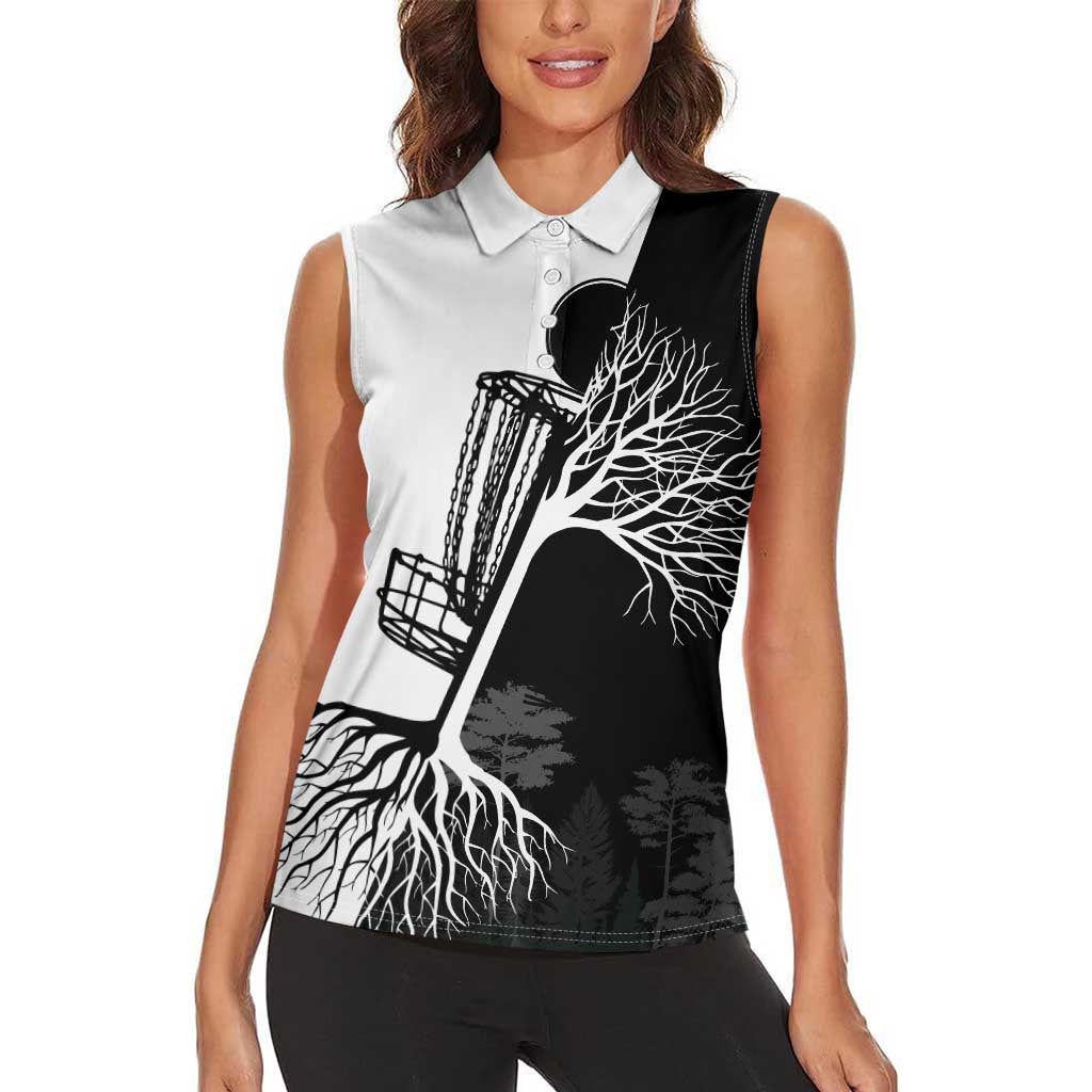 Black and White Disc Golf Tree Graphic Women Sleeveless Polo Shirt with Roots Silhouette and Custom Name Design - Wonder Print Shop