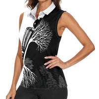 Black and White Disc Golf Tree Graphic Women Sleeveless Polo Shirt with Roots Silhouette and Custom Name Design - Wonder Print Shop