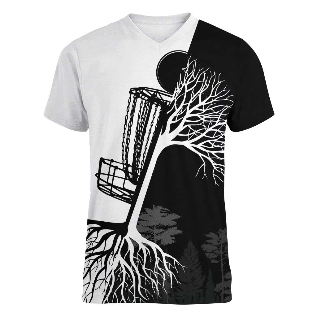 Black and White Disc Golf Tree Graphic Women V-Neck T-Shirt with Roots Silhouette and Custom Name Design - Wonder Print Shop