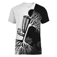 Black and White Disc Golf Tree Graphic Women V-Neck T-Shirt with Roots Silhouette and Custom Name Design - Wonder Print Shop