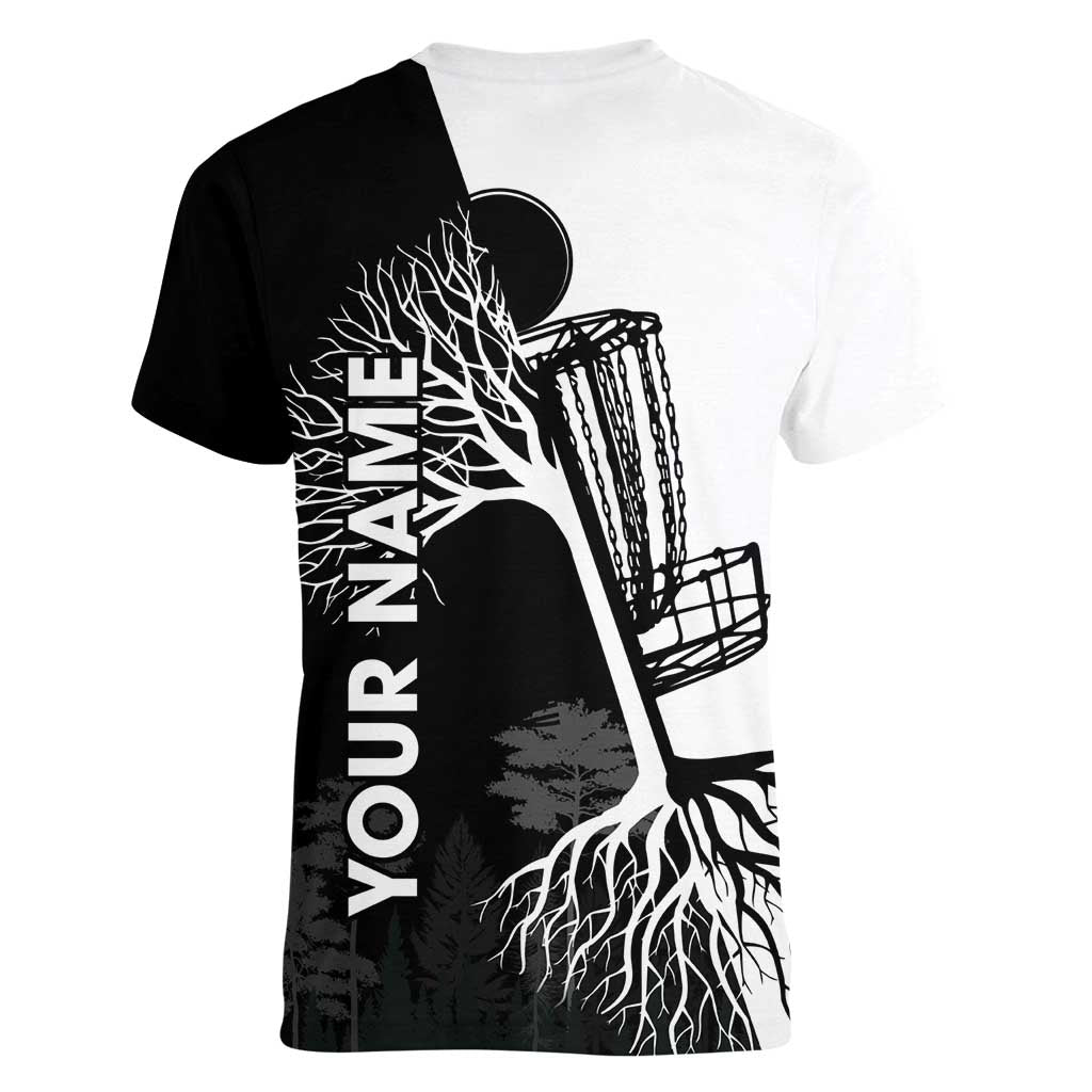 Black and White Disc Golf Tree Graphic Women V-Neck T-Shirt with Roots Silhouette and Custom Name Design - Wonder Print Shop