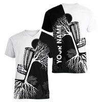 Black and White Disc Golf Tree Graphic Women V-Neck T-Shirt with Roots Silhouette and Custom Name Design - Wonder Print Shop