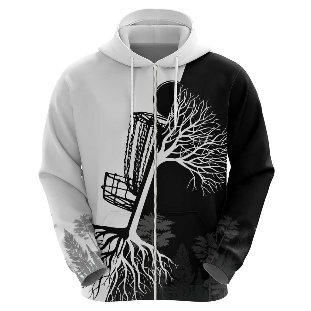 Black and White Disc Golf Tree Graphic Zip Hoodie with Roots Silhouette and Custom Name Design - Wonder Print Shop