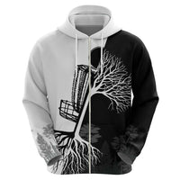 Black and White Disc Golf Tree Graphic Zip Hoodie with Roots Silhouette and Custom Name Design - Wonder Print Shop