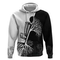 Black and White Disc Golf Tree Graphic Zip Hoodie with Roots Silhouette and Custom Name Design - Wonder Print Shop