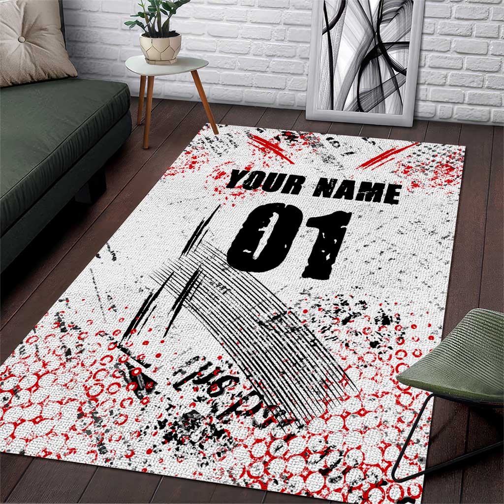 Motocross Rider Area Rug with Abstract Grunge Brush and Custom Number in Red and Black Splatter Design - Wonder Print Shop
