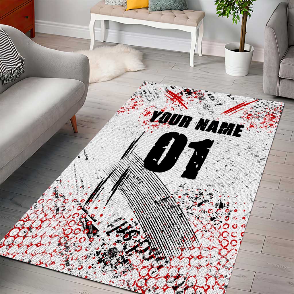 Motocross Rider Area Rug with Abstract Grunge Brush and Custom Number in Red and Black Splatter Design - Wonder Print Shop