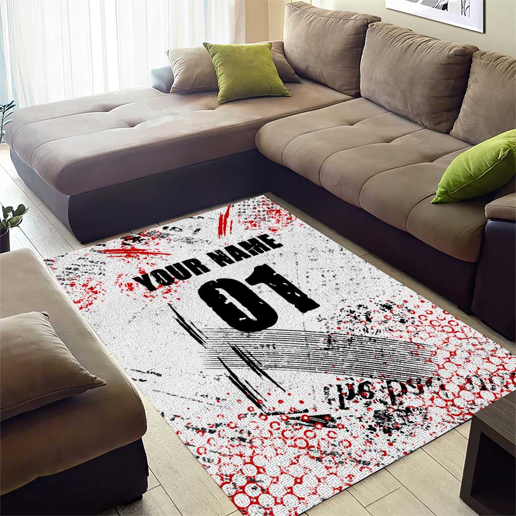Motocross Rider Area Rug with Abstract Grunge Brush and Custom Number in Red and Black Splatter Design - Wonder Print Shop