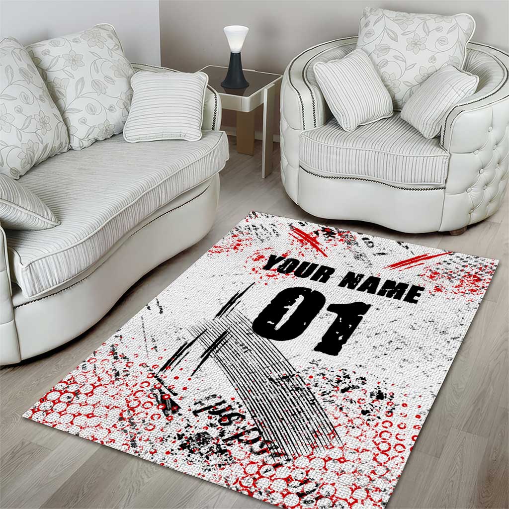 Motocross Rider Area Rug with Abstract Grunge Brush and Custom Number in Red and Black Splatter Design - Wonder Print Shop