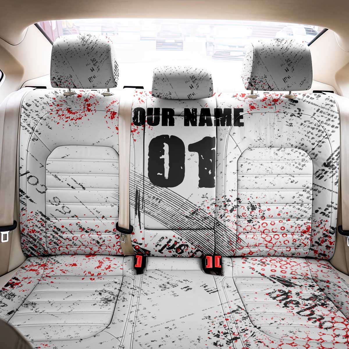 Motocross Rider Back Car Seat Cover with Abstract Grunge Brush and Custom Number in Red and Black Splatter Design - Wonder Print Shop