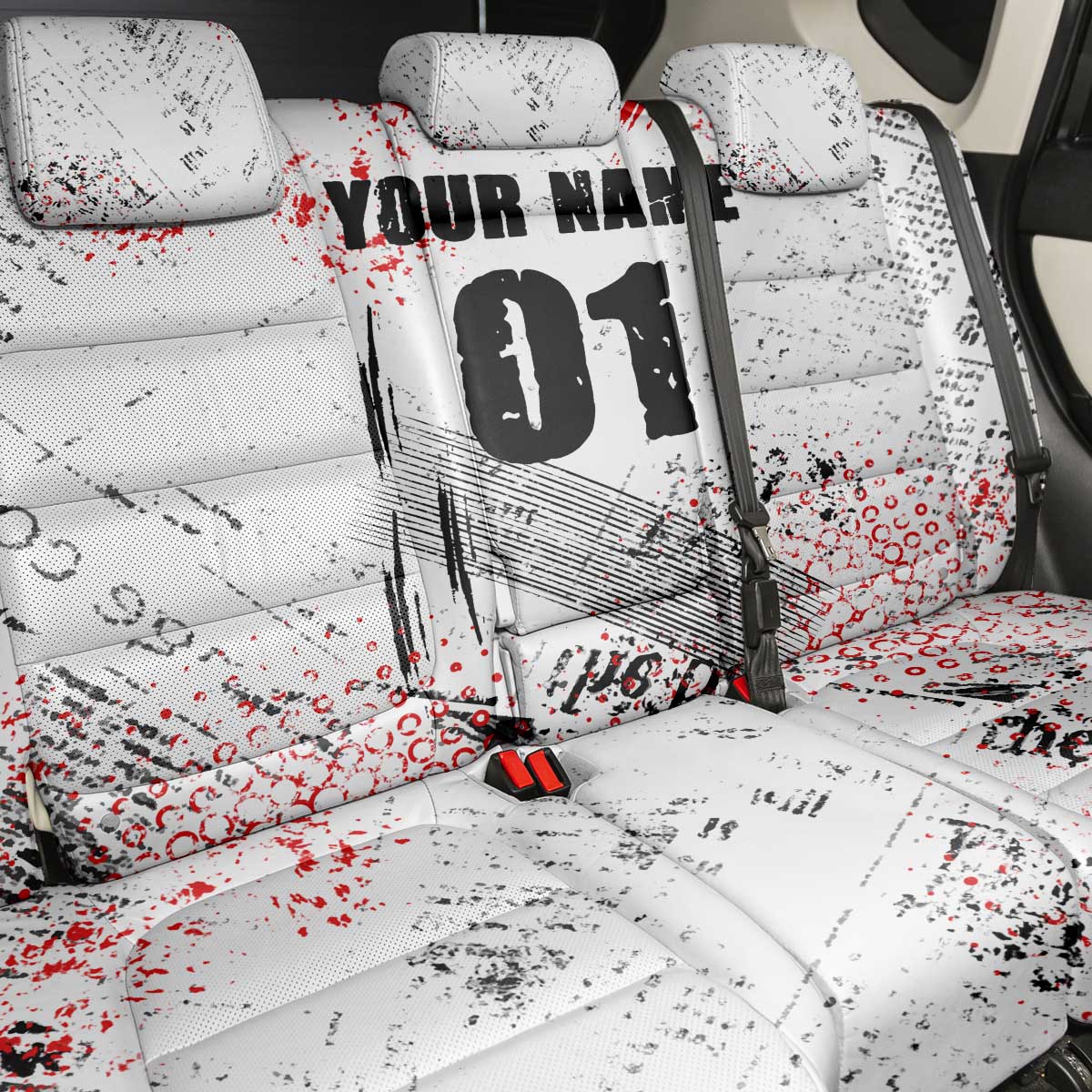 Motocross Rider Back Car Seat Cover with Abstract Grunge Brush and Custom Number in Red and Black Splatter Design - Wonder Print Shop