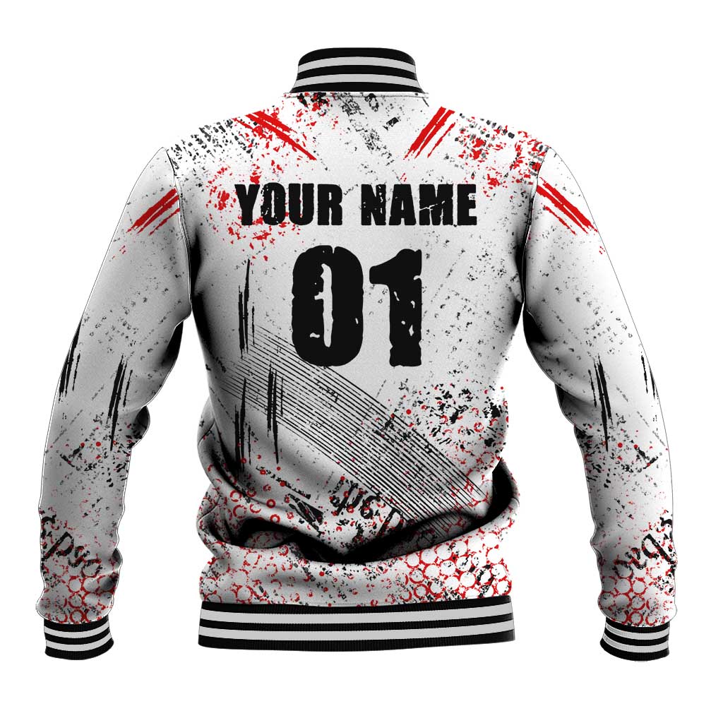 Motocross Rider Baseball Jacket with Abstract Grunge Brush and Custom Number in Red and Black Splatter Design - Wonder Print Shop