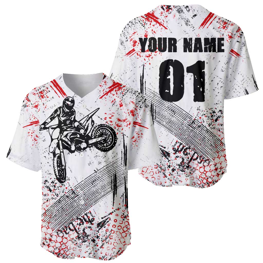Motocross Rider Baseball Jersey with Abstract Grunge Brush and Custom Number in Red and Black Splatter Design - Wonder Print Shop