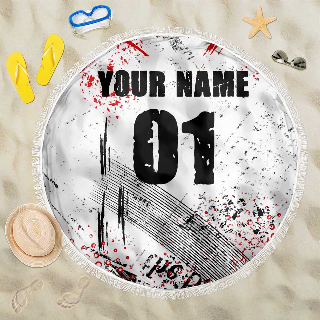 Motocross Rider Beach Blanket with Abstract Grunge Brush and Custom Number in Red and Black Splatter Design - Wonder Print Shop