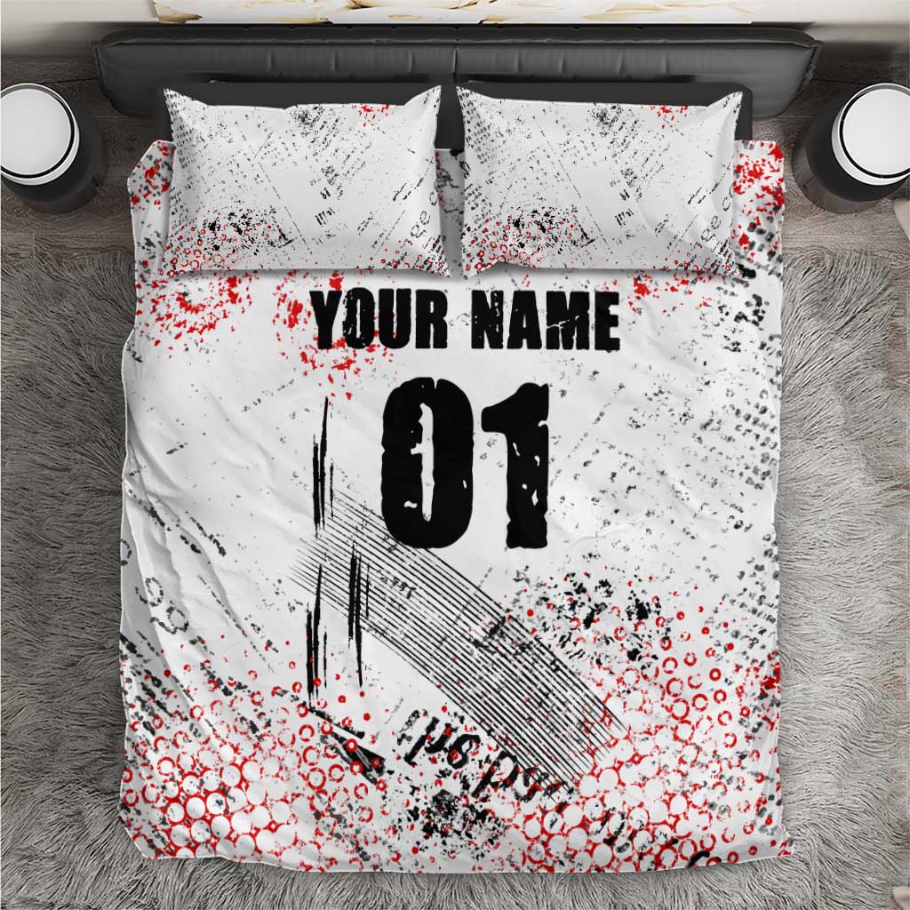Motocross Rider Bedding Set with Abstract Grunge Brush and Custom Number in Red and Black Splatter Design - Wonder Print Shop