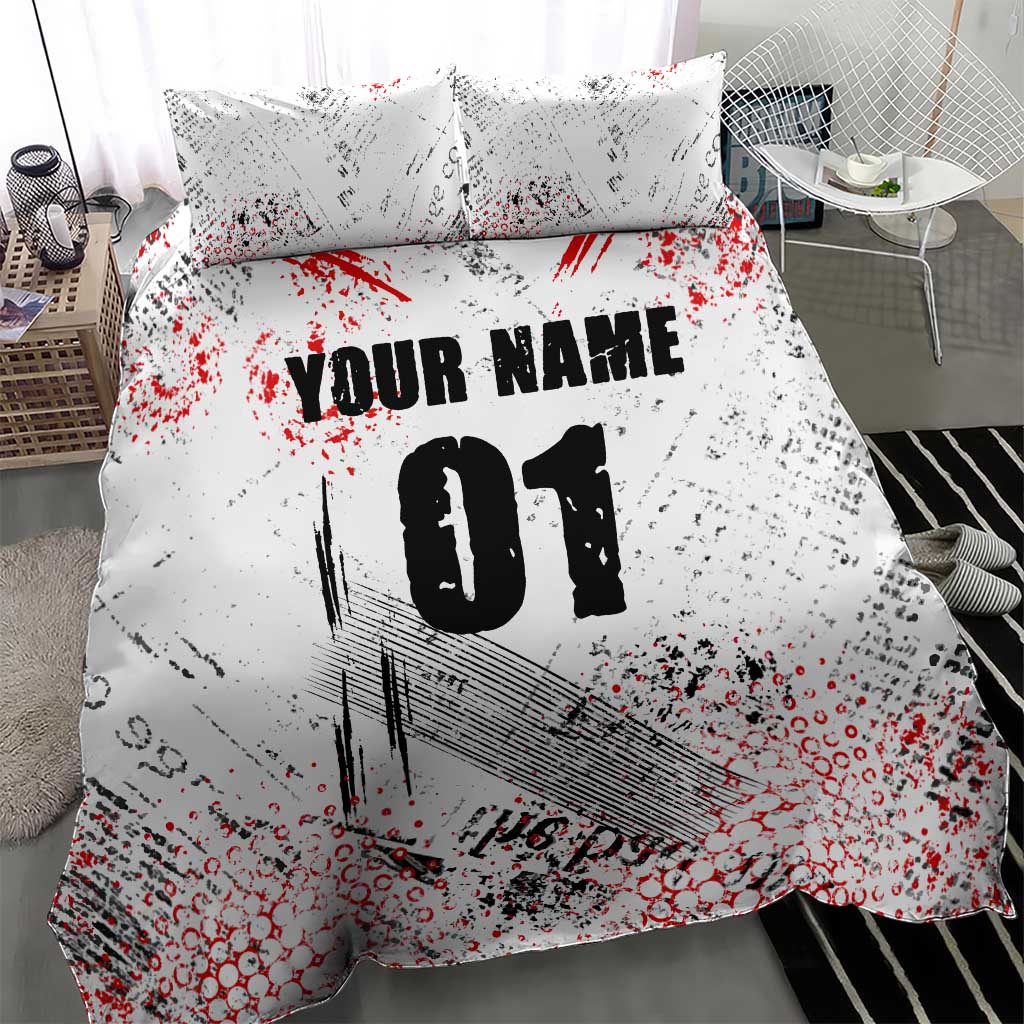 Motocross Rider Bedding Set with Abstract Grunge Brush and Custom Number in Red and Black Splatter Design - Wonder Print Shop