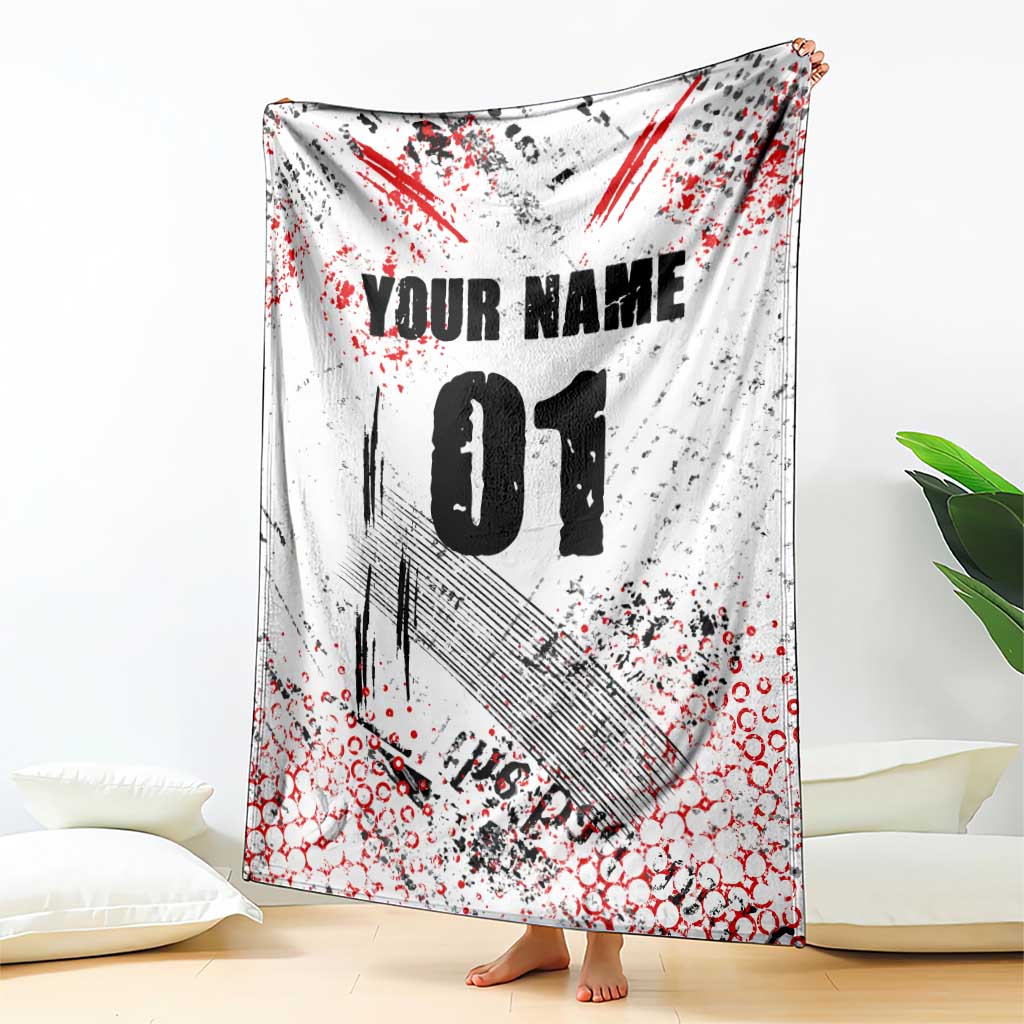 Motocross Rider Blanket with Abstract Grunge Brush and Custom Number in Red and Black Splatter Design - Wonder Print Shop
