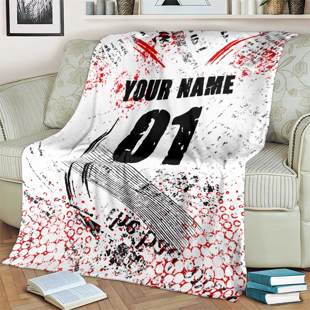 Motocross Rider Blanket with Abstract Grunge Brush and Custom Number in Red and Black Splatter Design - Wonder Print Shop