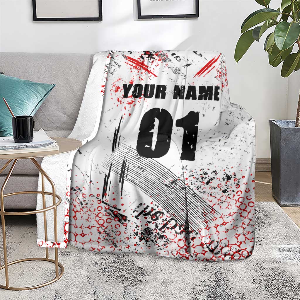 Motocross Rider Blanket with Abstract Grunge Brush and Custom Number in Red and Black Splatter Design - Wonder Print Shop