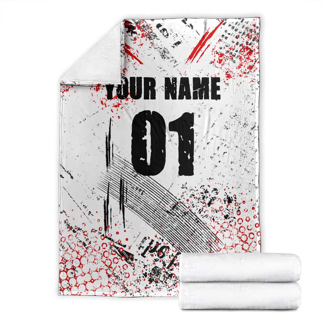 Motocross Rider Blanket with Abstract Grunge Brush and Custom Number in Red and Black Splatter Design - Wonder Print Shop