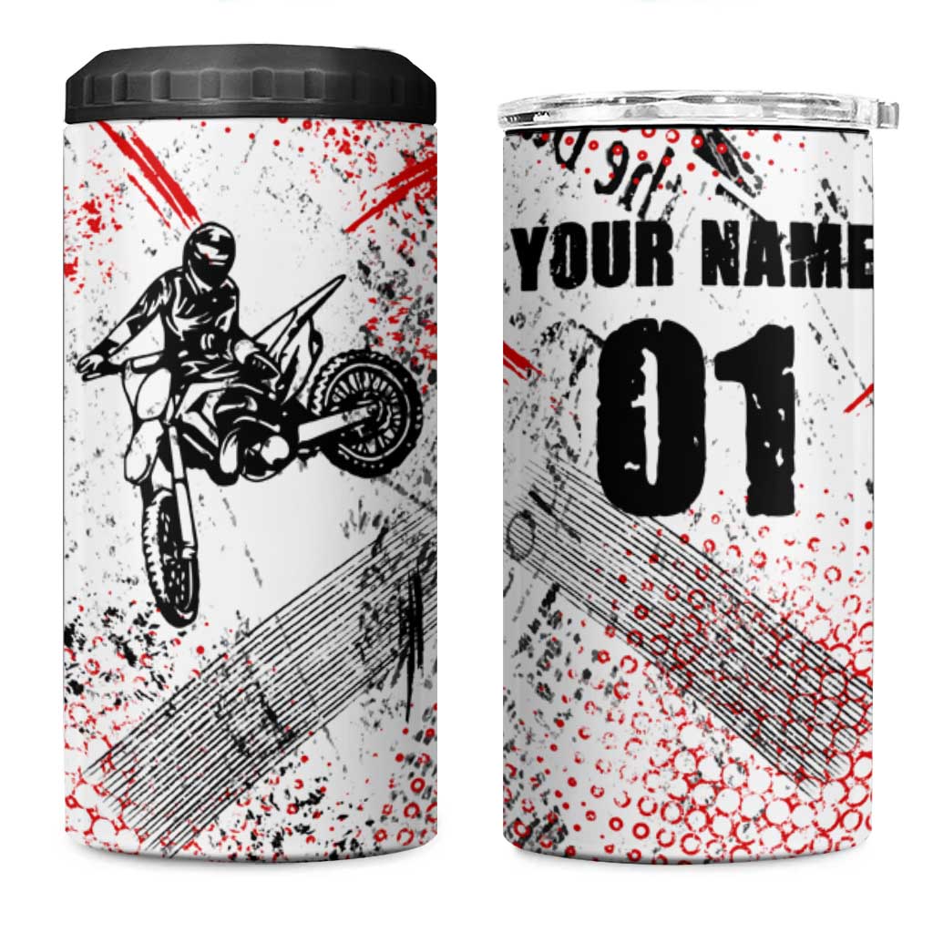Motocross Rider 4 in 1 Can Cooler Tumbler with Abstract Grunge Brush and Custom Number in Red and Black Splatter Design - Wonder Print Shop