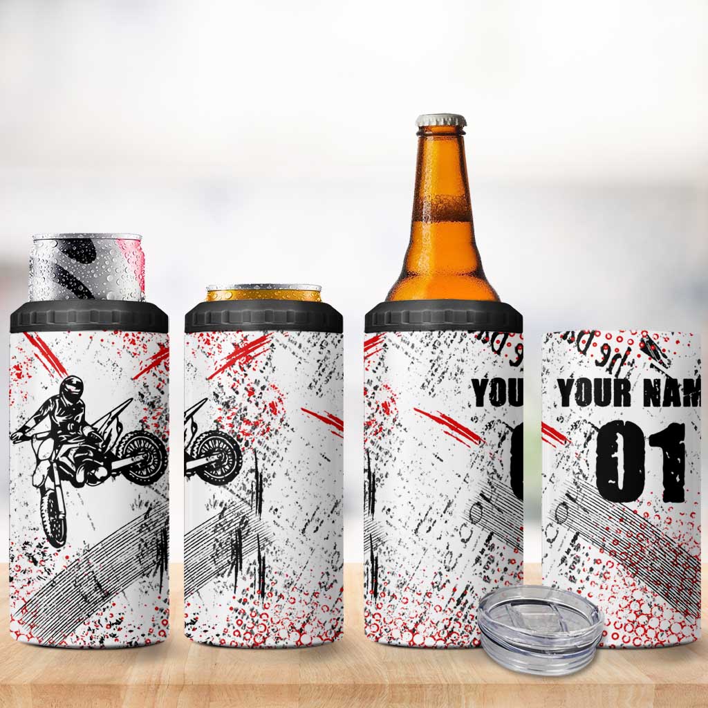 Motocross Rider 4 in 1 Can Cooler Tumbler with Abstract Grunge Brush and Custom Number in Red and Black Splatter Design - Wonder Print Shop