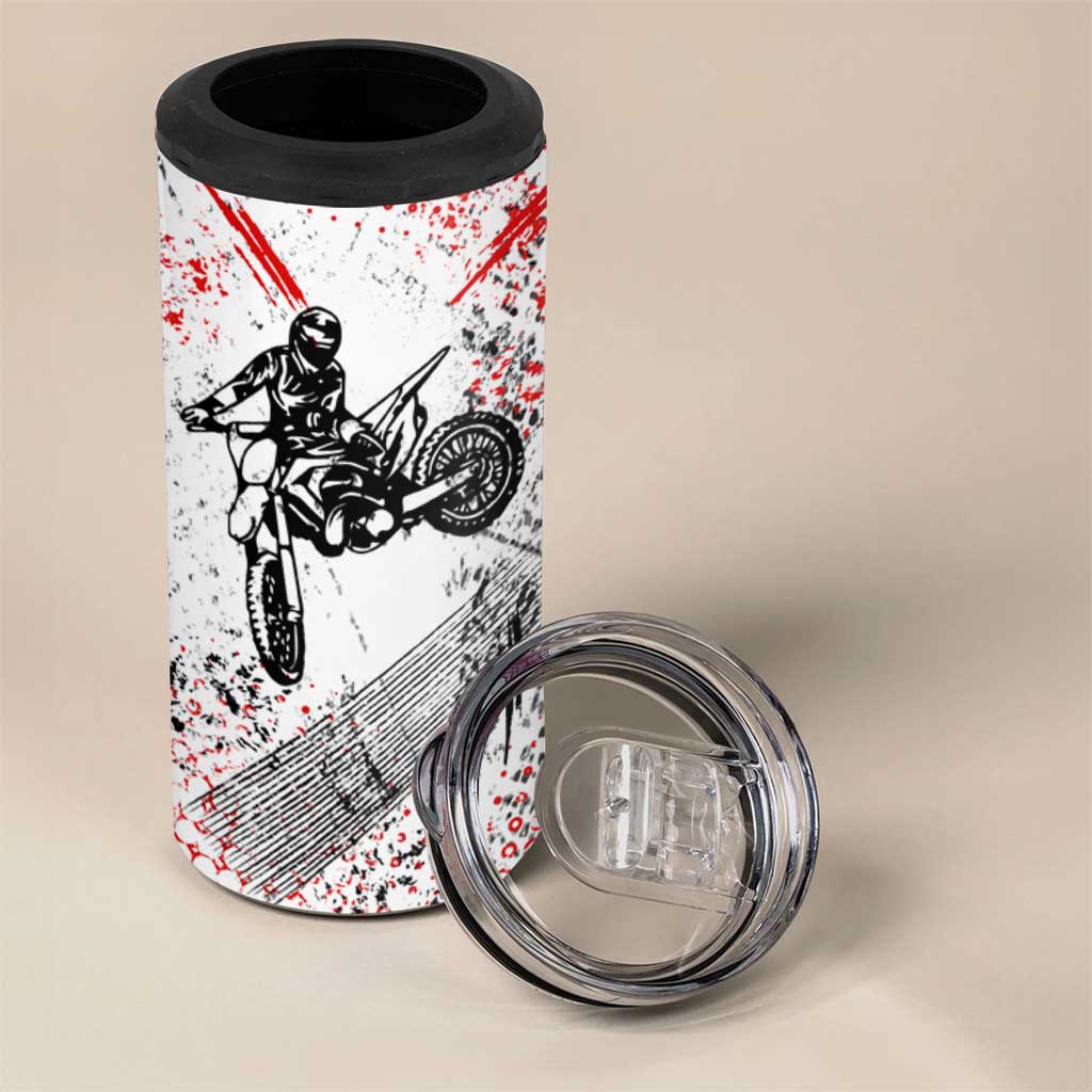 Motocross Rider 4 in 1 Can Cooler Tumbler with Abstract Grunge Brush and Custom Number in Red and Black Splatter Design - Wonder Print Shop