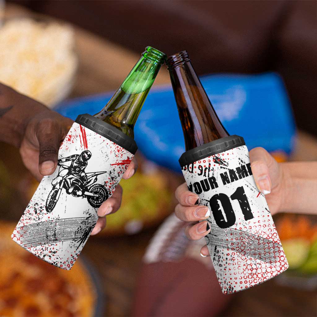 Motocross Rider 4 in 1 Can Cooler Tumbler with Abstract Grunge Brush and Custom Number in Red and Black Splatter Design - Wonder Print Shop