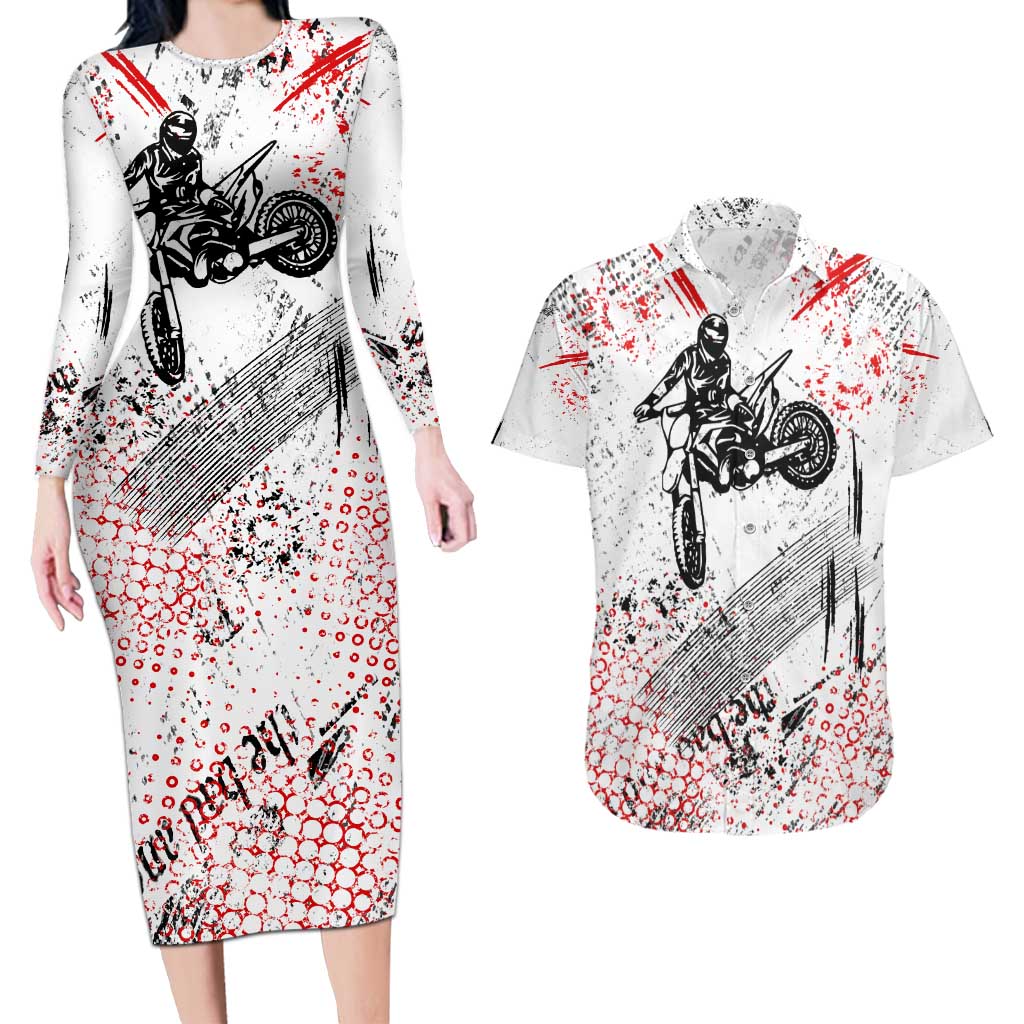 Motocross Rider Couples Matching Long Sleeve Bodycon Dress and Hawaiian Shirt with Abstract Grunge Brush and Custom Number in Red and Black Splatter Design - Wonder Print Shop