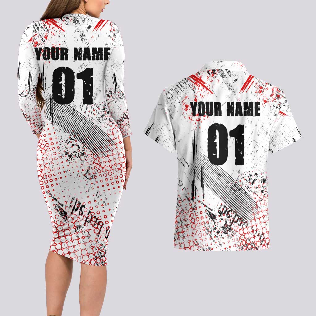 Motocross Rider Couples Matching Long Sleeve Bodycon Dress and Hawaiian Shirt with Abstract Grunge Brush and Custom Number in Red and Black Splatter Design - Wonder Print Shop