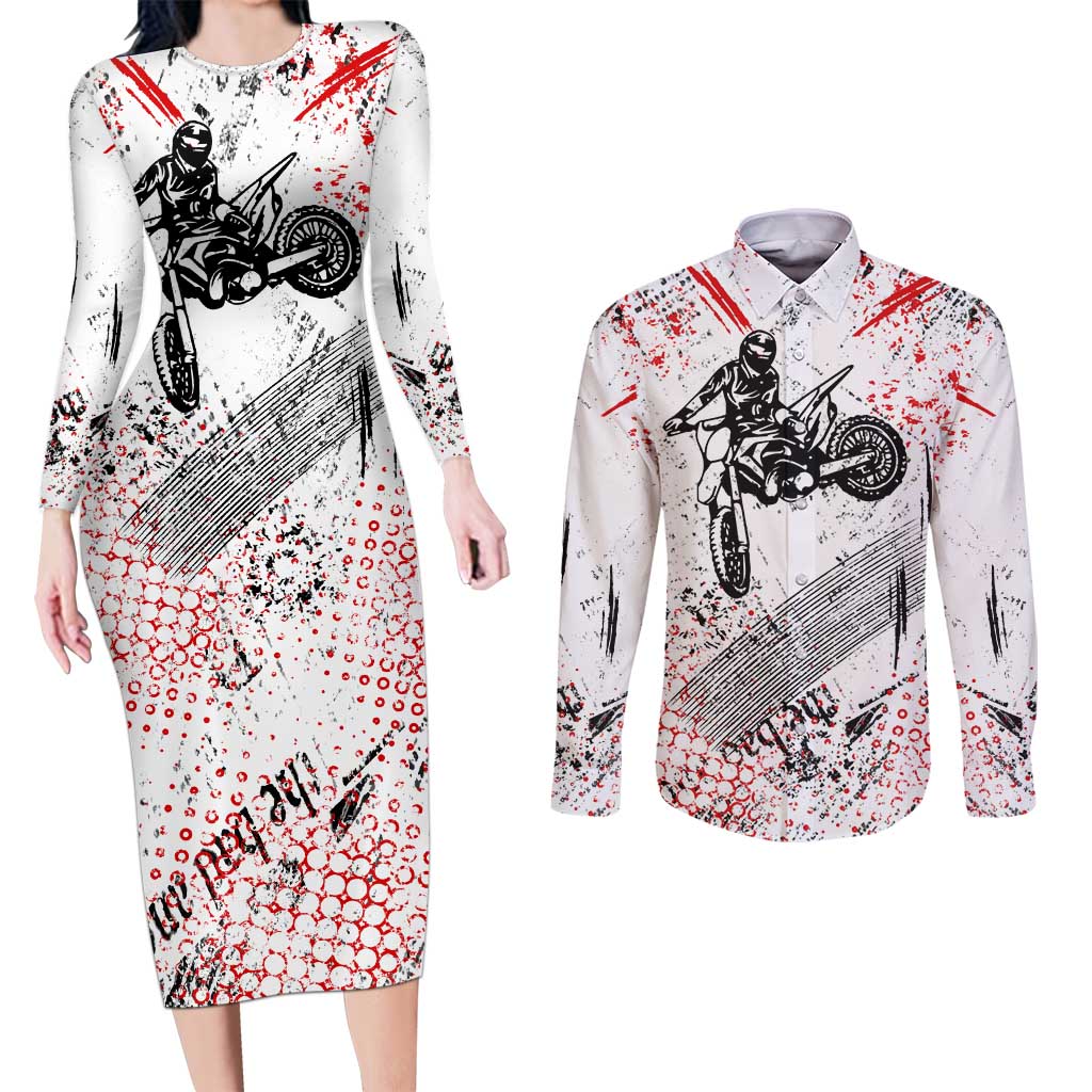 Motocross Rider Couples Matching Long Sleeve Bodycon Dress and Long Sleeve Button Shirt with Abstract Grunge Brush and Custom Number in Red and Black Splatter Design - Wonder Print Shop