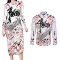 Motocross Rider Couples Matching Long Sleeve Bodycon Dress and Long Sleeve Button Shirt with Abstract Grunge Brush and Custom Number in Red and Black Splatter Design - Wonder Print Shop
