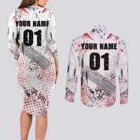 Motocross Rider Couples Matching Long Sleeve Bodycon Dress and Long Sleeve Button Shirt with Abstract Grunge Brush and Custom Number in Red and Black Splatter Design - Wonder Print Shop