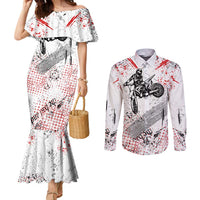 Motocross Rider Couples Matching Mermaid Dress and Long Sleeve Button Shirt with Abstract Grunge Brush and Custom Number in Red and Black Splatter Design - Wonder Print Shop