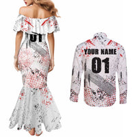 Motocross Rider Couples Matching Mermaid Dress and Long Sleeve Button Shirt with Abstract Grunge Brush and Custom Number in Red and Black Splatter Design - Wonder Print Shop