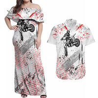 Motocross Rider Couples Matching Off Shoulder Maxi Dress and Hawaiian Shirt with Abstract Grunge Brush and Custom Number in Red and Black Splatter Design - Wonder Print Shop