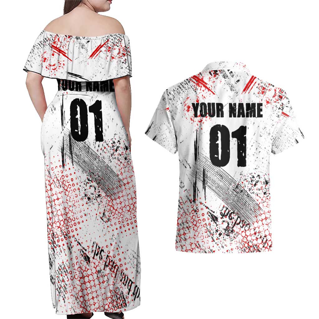 Motocross Rider Couples Matching Off Shoulder Maxi Dress and Hawaiian Shirt with Abstract Grunge Brush and Custom Number in Red and Black Splatter Design - Wonder Print Shop