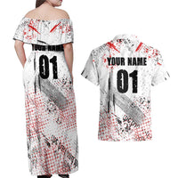 Motocross Rider Couples Matching Off Shoulder Maxi Dress and Hawaiian Shirt with Abstract Grunge Brush and Custom Number in Red and Black Splatter Design - Wonder Print Shop
